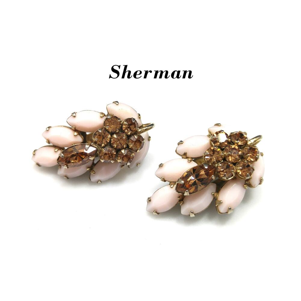 Sherman Pink & Topaz Rhinestone Earrings, Pink Milk Glass, Gold Plated, 1960s